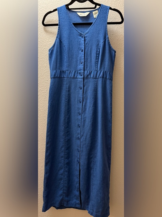 Eddie Bauer Dresses & Skirts - Vintage 90s Eddie Bauer 100% Linen Midi Dress XSP Coastal Grandma Blue Boho
